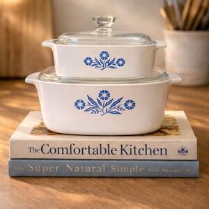 Vintage Corning Ware Blue Cornflower Casserole Set 4 Qt 1.75 Qt with Glass Lids